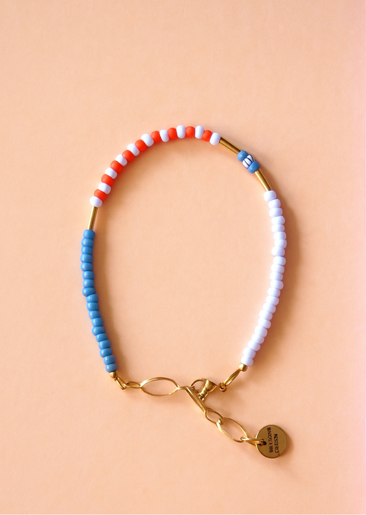 Armband jeansblau-rotorange-flieder #gold